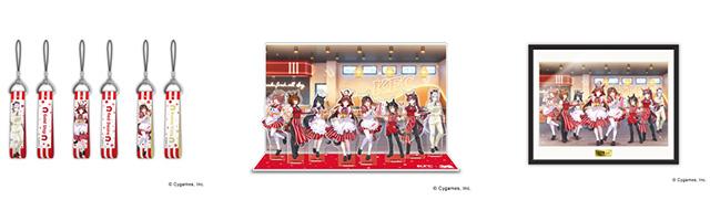 左から「コラボ限定描き下ろしイラストストラップ」「コラボビジュアルジオラマアクリルスタンド」「キャスト直筆サイン入りコラボビジュアルボード」イメージ