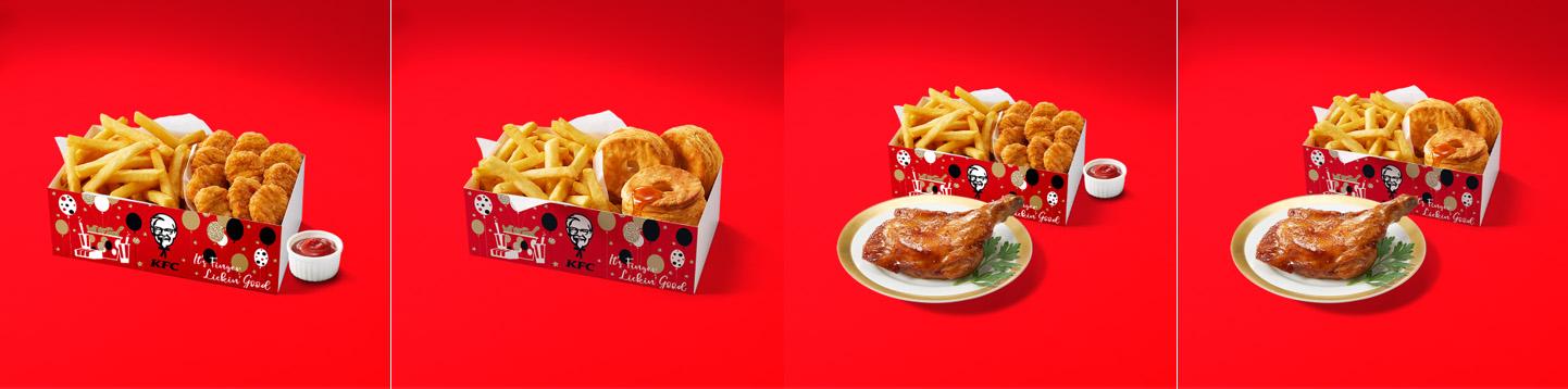 左から「ナゲポテBOX」「ビスポテBOX」「バーベキューチキンつき ナゲポテBOX」「バーベキューチキンつき ビスポテBOX」イメージ