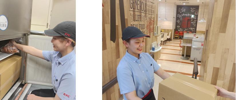 (左)店舗従業員が、こども食堂向けに食材を凍結保管する様子、(右)運営団体へ食材を引き渡す際の様子