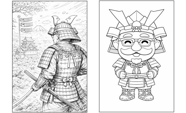 「武者カーネル 塗り絵」デザイン① 　武者カーネル 塗り絵」デザイン②