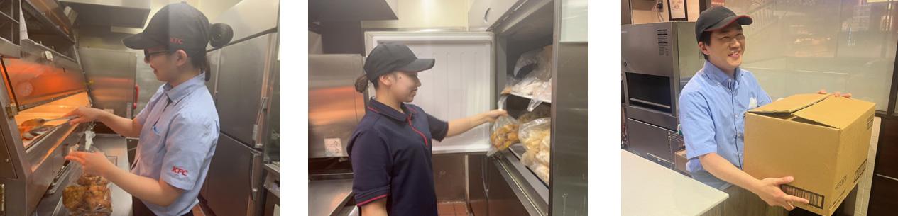 (左・中央)店舗従業員が、こども食堂向けに食材を凍結保管する様子、(右)運営団体へ食材を引き渡す際の様子